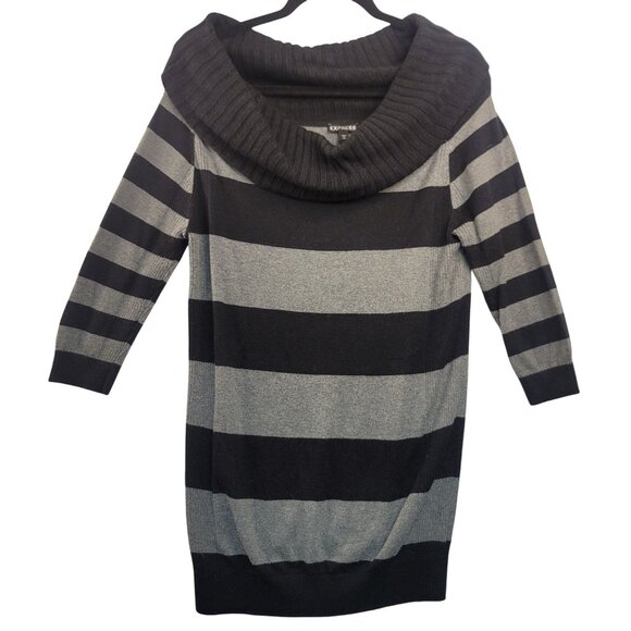 Express Black Gray Striped Sweater Dress Cowl Neck Cotton Blend Small - Picture 1 of 8